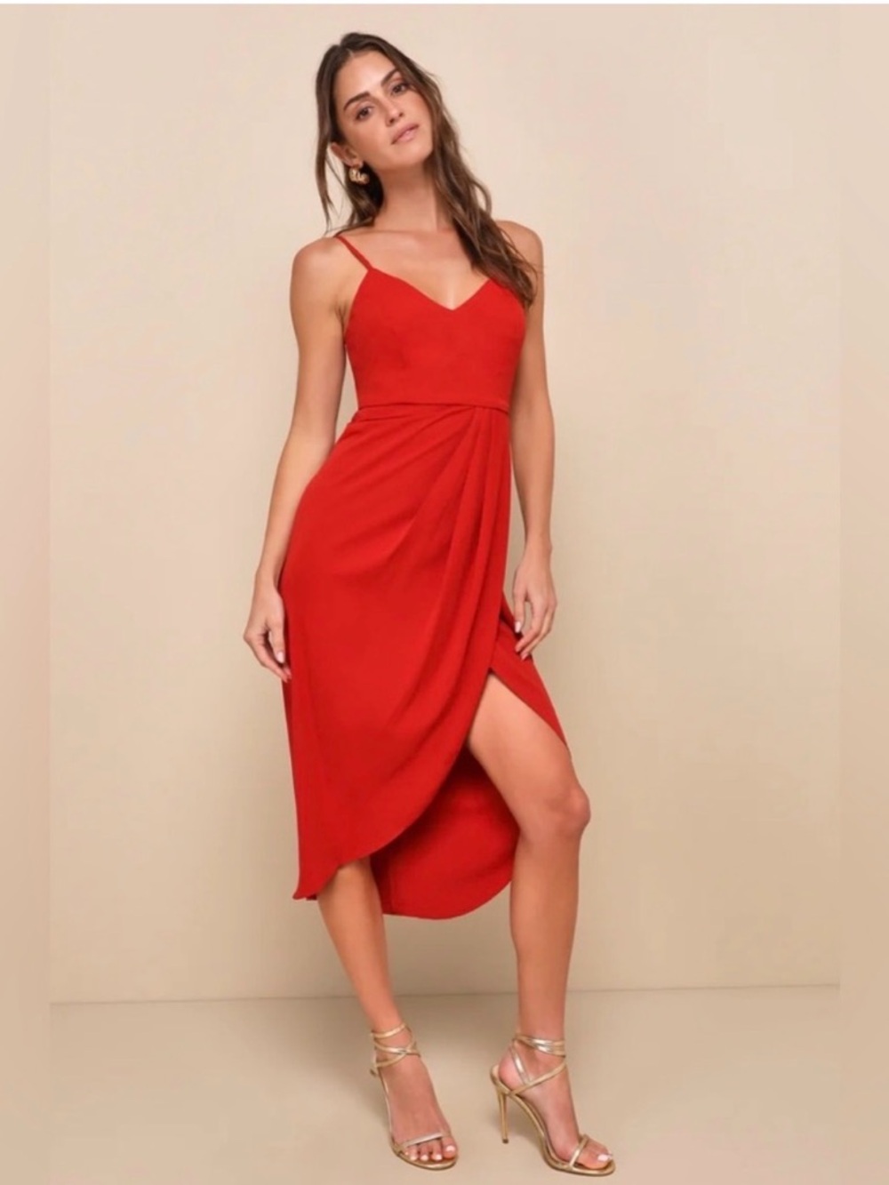 Lulus Reinette Red Midi Dress, v-neck sleeveless dress featuring a faux wrap